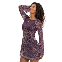 Robe moulante courte à manches longues élégante et sexy pour femme, motif tribal polynésien tropical violet, douce et légère, pour les fêtes