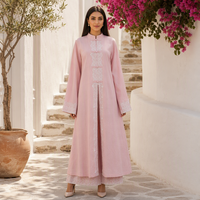 Ensemble 2 pièces modeste Loriya avec boutons mandarin, dentelle et bordure Abaya, long cardigan ouvert, tenue musulmane, 4 couleurs, 100% coton slub