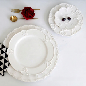 White Ceramic Dinnerware <b>Set</b> Round Embossed Plant Pattern Classic Design Dishwasher Safe Durable Tableware for Daily Use - Product Image 1