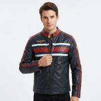 Herren Echte Marineblaue Lederjacke mit Rot-Weißen Rennstreifen Biker Motorrad Rindsleder Mantel Retro Abzeichen Maßgefertigte Klassische Wintermäntel