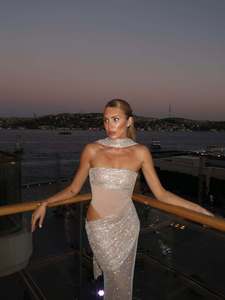 Robe longue élégante en tissu épais avec col bateau et design écharpe à la taille naturelle pour <span class=keywords><strong>soir</strong></span>ée, banquet et cérémonie - Product Image 5