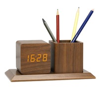Horloge de bureau électronique en bois créative Runwood avec commande vocale LED et porte-stylo multifonction
