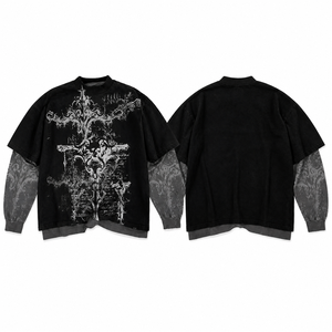 เสื้อยืดคอกลมโอเวอร์ไซส์ลายพิมพ์โกธิค แขนยาวปกติ สีดำ ผ้าฝ้ายเจอร์ซีย์ สไตล์สตรีทแฟชั่นสำหรับผู้ชาย ฤดูใบไม้ร่วง - Product Image 4