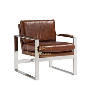 <span class=keywords><strong>Fauteuil</strong></span> Lounge Brown Accent avec cadre en <span class=keywords><strong>cuir</strong></span> souple et acier inoxydable pour le salon - Product Image 2
