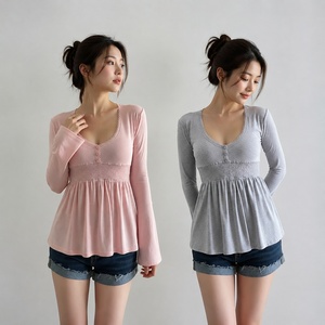 เสื้อยืดแขนยาวคอวีผู้หญิง ผ้าถักคุณภาพสูง สีพื้น ระบายอากาศได้ดี ทรงหลวม ทรงเอ สวมใส่สบาย เหมาะสำหรับใส่ลำลองหรือทำงาน - Product Image 1