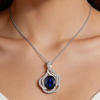 Collar con Colgante de Plata de Ley con Circonita Exquisita, Chapado en Rodio, Gema Azul Ovalada, Joyería de Plata 925 para Mujer