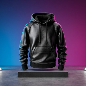Veste à capuche en cuir PU noir pour homme avec poche avant, style streetwear - Product Image 1
