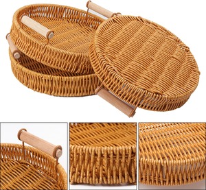 Bandeja Redonda de Ratán, Cesta Redonda Tejida con Asas, Cestas Decorativas de Mimbre, Bandejas para Servir, Duraderas y Fáciles de Limpiar - Product Image 2