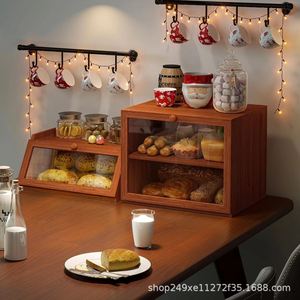 Wooden Bread Box 3 Layers Airtight <b>Kitchen</b> Countertop Storage For Bread Snacks Cake Dessert Rectangle With Wooden Lid - Product Image 1
