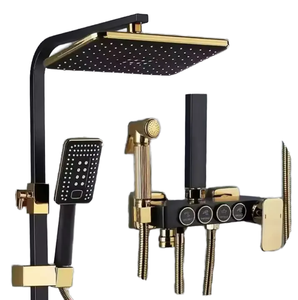 Ensemble de douche 4-en-1 en acier, finition noir et or moderne, avec mitigeur chaud/froid à jet doux, fonction bidet, pour appartement et hôtel, doté d'une barre coulissante - Product Image 4