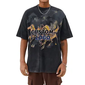 T-Shirt Vintage lavata da uomo Oem Flame Skull Horse Print maglietta allentata con lavaggio acido maglietta Vintage oversize personalizzata personalizzata