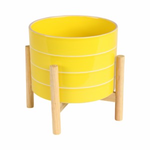 Vaso in Ceramica a Righe con Supporto in Legno, Colore Giallo, per Arredamento Casa, Fioriera per Interni ed Esterni - Product Image 3