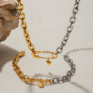 Collar de cadena con bloques de color dorado y plateado, con colgante de corazón y circonita, joyería de moda, regalo para mujer - Product Image 4