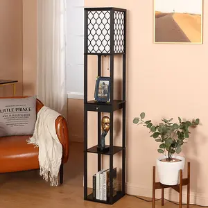 Simple Square Box Long Standing Wooden Black Walnut Floor Lamps with Drawer for Living Room