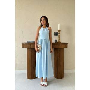 Vestido de Lino Azul Bebé al por Mayor con Cuello Halter, Espalda Descubierta, Tirantes Finos, Cintura Natural, para Fiesta o Casual, Tejido Transpirable - Product Image 5