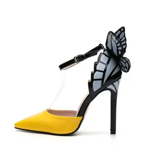 최신 디자인 여성 하이힐 드레스 신발 패치 워크 3D 나비 하이힐 파티 웨딩 펌프 얇은 굽 신발
