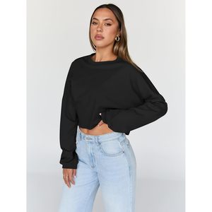 <b>Cropped</b> Sweatshirt Women Oversized Crewneck <b>Long</b> <b>Sleeve</b> Knitted Drop Shoulder Short Length Fall Winter <b>Top</b> - Product Image 2