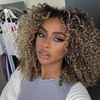 Perruque demi-part en U/V avec mèches humaines brunes, blondes cendrées et balayage, boucles afro crépues, tissage Remy bruts du Cambodge