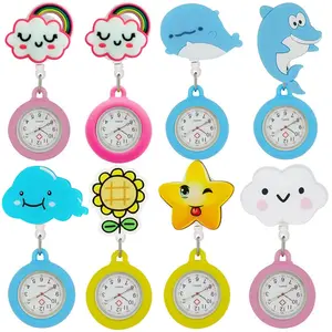 Retractable Nurse Doctor Pocket Watches for Hospital Medical Cartoon Gift Cloud Rainbow Flowers Dolphin Whale Clips Hang Watch