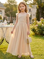 Robe longue élégante en dentelle pour filles, col rond, manches à volants florales, respirante, pour mariage, demoiselle d'honneur, événements formels, enfants