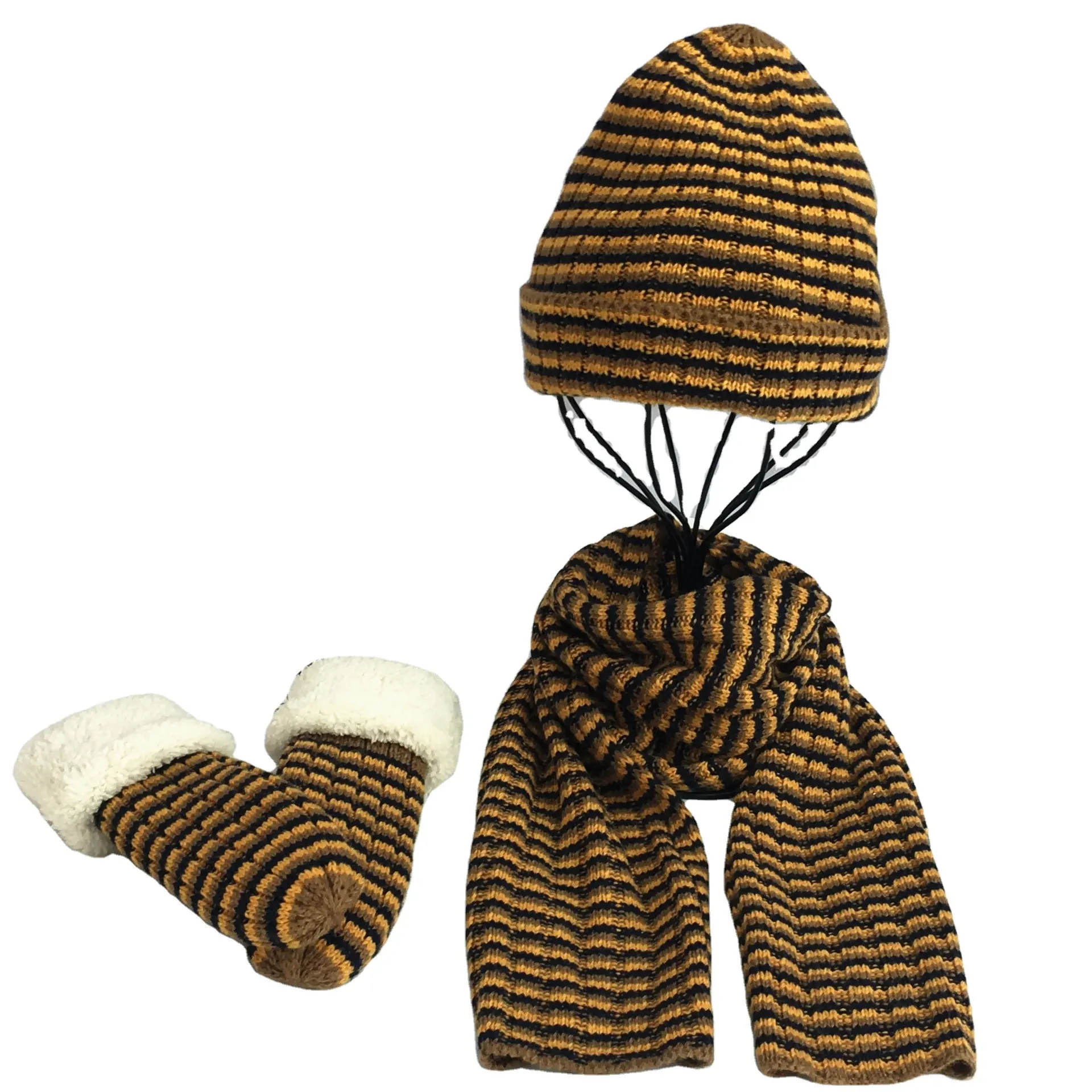 ready to ship kids wool blended thickness stripe Knitted beanie hat cap winter hat set woman scarf and glove sets