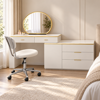 Coiffeuse blanche moderne avec miroir rond, rangement à tiroirs et armoire latérale, meuble de maquillage pour chambre à coucher avec détails dorés