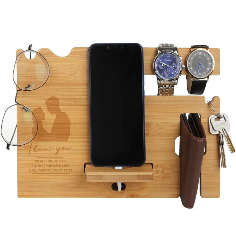 Bamboo Nightstand Organizer Wood Phone Docking Station