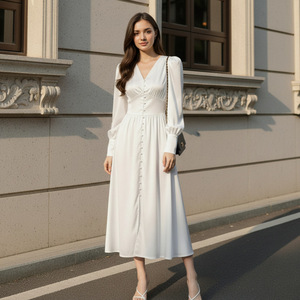 Fabricante de Vestidos Camiseros de Satén Personalizados OEM, Etiqueta Privada, Cuello en V, Manga Larga, Cierre de Botones, Venta al Por Mayor para <span class=keywords><strong>Mujer</strong></span>, Vestido Vintage - Product Image 1