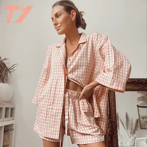TUOYI новый дизайн, женская розовая клетчатая Пижама, повседневные пижамные комплекты, комплект одежды для сна из ткани с длинным рукавом