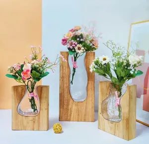 Vase en verre transparent incrusté dans un bloc de bois pour la décoration de la maison, vente en gros