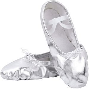 Chaussons de danse plats en cuir PU souple argenté Baifa Dancin pour femmes avec sangles élastiques, faible MOQ, OEM, ODM, DDP, haute qualité - Product Image 1