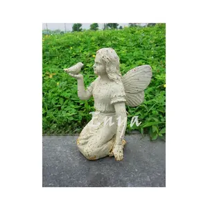 Statue Design Wholesale Backyard Outdoor Kneeling Angel With Bird Cherub Fairy Garden Accessories Figurine Sculpture Statue