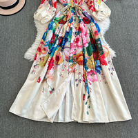 Robe longue décontractée pour femme, élégante, à imprimé floral, col montant, manches lanternes, coupe trapèze, avec ceinture à pompons à la taille, pour le quotidien et les vacances