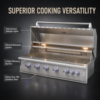 Barbecue encastrable gourmet en acier inoxydable à 6 brûleurs avec rôtissoire intégrée, brûleur arrière et éclairage LED bleu