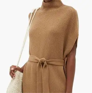 Supplier Custom Women Turtleneck Knitwear Fashion Customized Luxury Ribbed Knit Sleeveless Long Sweater with Tie Belt for Ladies