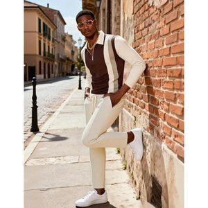 Mens 2 Piece <b>Tracksuit</b> Casual Long Sleeve Polo Shirt And Pants Set Breathable Athletic Outfit For Adults - Product Image 3