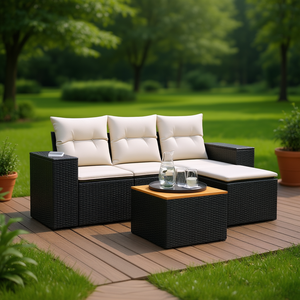 Set Divano da Giardino in Rattan Nero con Cuscini Crema, Arredamento da Esterno Impermeabile dal Design Contemporaneo - Product Image 2