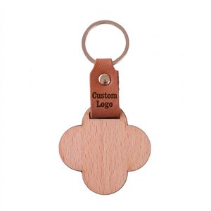 <b>Custom</b> Leather Wood <b>Key</b> Chain Flower Shape Wood <b>Key</b> Tag Laser Engraved Logo Wooden Keychain Tagfor Business Promotion - Product Image 1