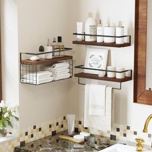 Modern Style Wall-Mounted Bathroom Shelf with Metal Frame and Wooden Storage Rack Includes Towel Bar and Storage Basket - Product Image 4