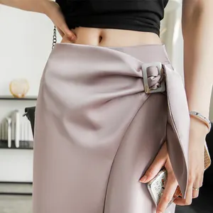 Rok Pensil Midi Pinggang Tinggi Wanita, Rok Satin Panjang Bungkus Pensil