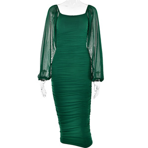 Nouvelle <span class=keywords><strong>Robe</strong></span> Longue Sexy Ajustée à Col Carré, Couleur Unie, Dos Nu et Manches Lanternes pour Femme – Collection Automne-Hiver - Product Image 6