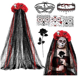 Disfraces del Día de Muertos para Mujer, Conjunto de Tocado con Flores, Gargantilla de Encaje, Tatuajes, Accesorios de Halloween - Product Image 5