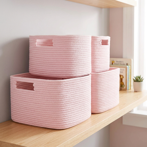 Pink <b>Rectangle</b> Cotton Rope <b>Storage</b> <b>Baskets</b> With Handles Simple Multi-Purpose Neatening Organizer - Product Image 2