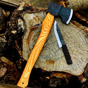Couteau à fendre artisanal en acier à haute teneur en carbone avec lame de hache à barbe, manche en bois enveloppé et étui en cuir - Pasha Enterprises - Product Image 1