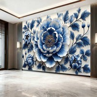 Wallpaper Mural 3D Art Deco Kupu-kupu Peony Merah Muda, Mewah Bertekstur, Cetak Transfer Panas, Custom untuk Ruang Tamu TV