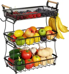 Countertop trái cây rau chủ giỏ trái cây với 2 Chuối móc kim loại 3 Tier giỏ trái cây