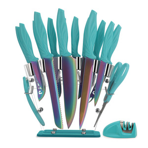 Ensemble de couteaux de cuisine en titane arc-en-ciel de qualité supérieure, 17 pièces, manche antidérapant bleu sarcelle, bloc à couteaux en acrylique, ensemble complet d'ustensiles de cuisine - Product Image 1