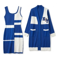 Ensemble tricoté 2 pièces sur mesure OEM avec broderie, grande taille, color block, cardigan long et robe tricotée pour femme