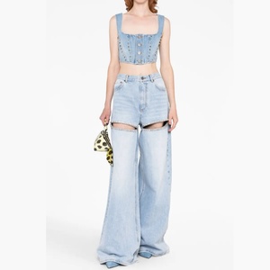 Nouveau design 2025 – Jean baggy personnalisé avec logo, taille haute, strass, coupe droite, jambe large, pantalon bleu avec surpiqûres - Product Image 3