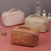 Sac de voyage multifonctionnel vintage en cuir PU gaufré en trois dimensions avec fermeture éclair, résistant à l'usure et de grande capacité, pour cosmétiques et maquillage